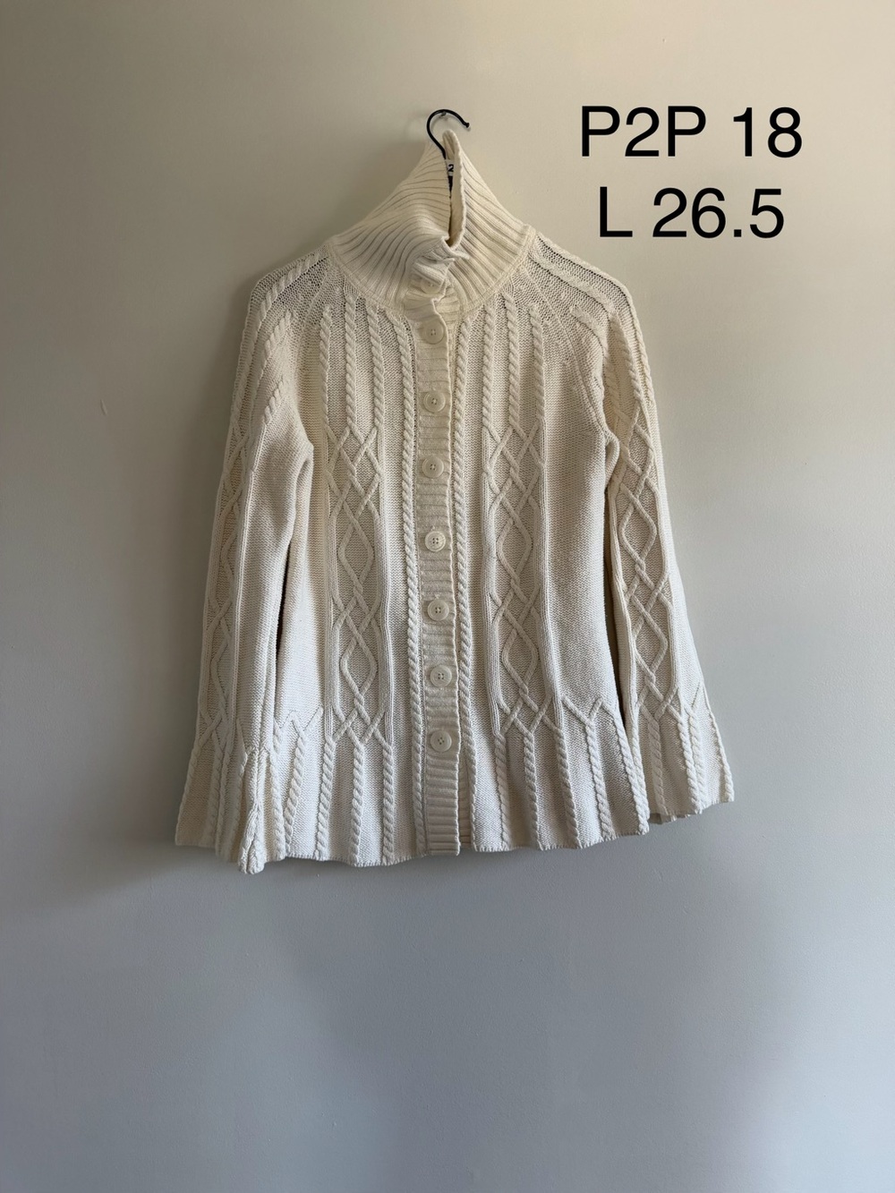 Cream Cable-Knit Button-Up Cardigan with Ribbed Funnel Collar - Picture 7 of 7